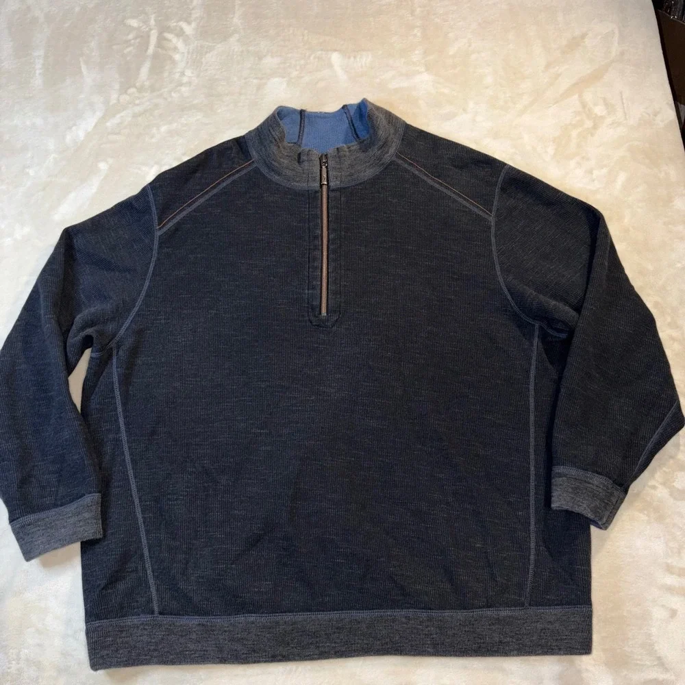 Tommy Bahama Mens Reversible Quarter Zip Pullover Blue Charcoal Gray Ribbed XL